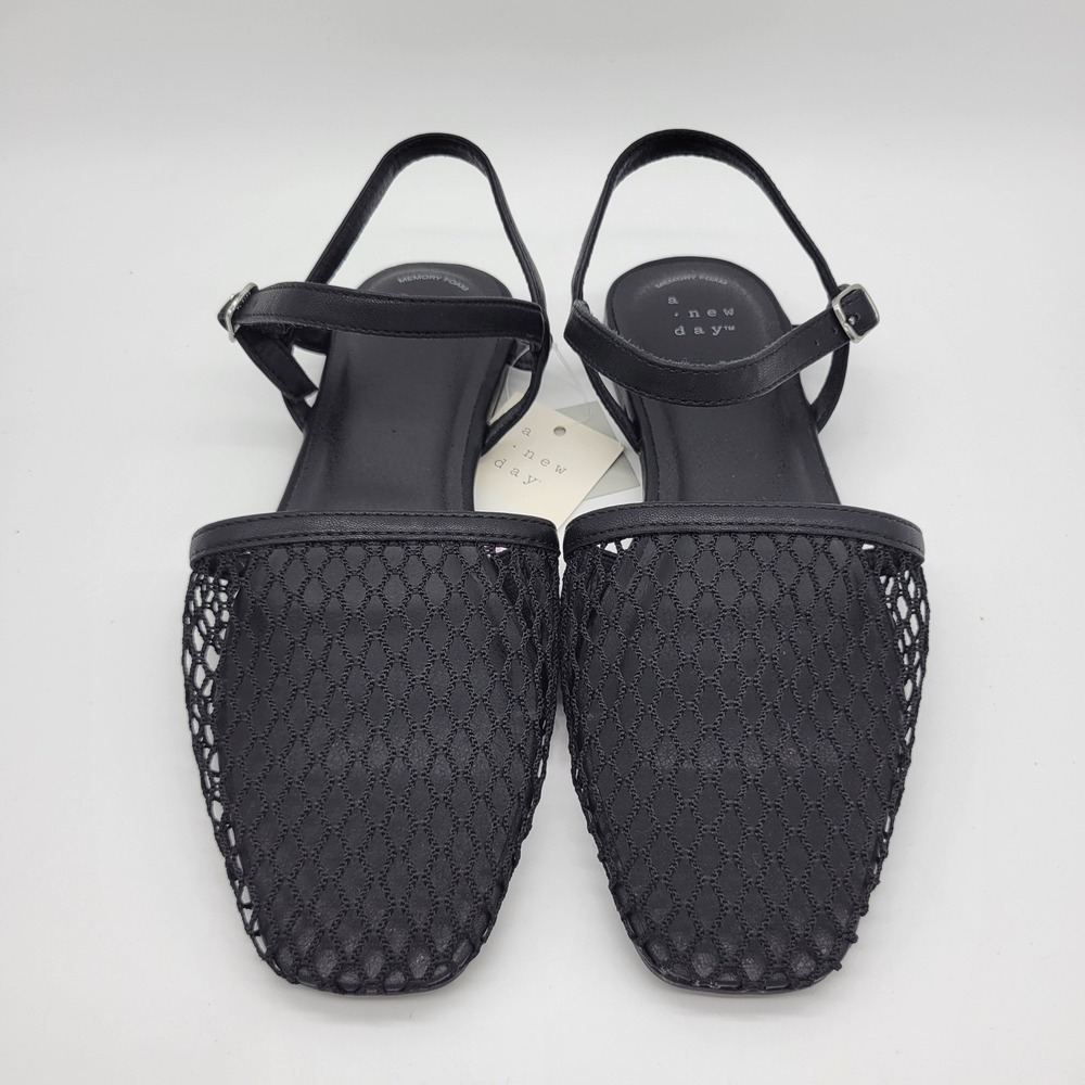 A New Day Black Mesh Square Toe Ankle Strap Ballet Flats Memory Foam Womens 6.5